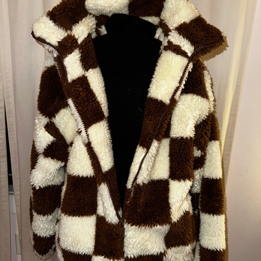Zara Brown and Cream Checkered Zip-Up Sweater- Sherpa - Picture 4 of 7